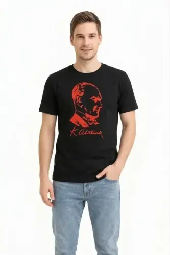 Erkek Atatürk Baskılı Tişört Kısa Kollu Bisiklet Yaka T-Shirt - Siyah - 3