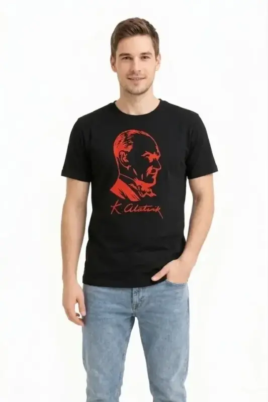 Erkek Atatürk Baskılı Tişört Kısa Kollu Bisiklet Yaka T-Shirt - Siyah - 3