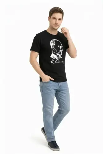 Erkek Atatürk Baskılı Tişört Kısa Kollu Bisiklet Yaka T-Shirt - Siyah - BÜYÜKBEDENIZ (1)
