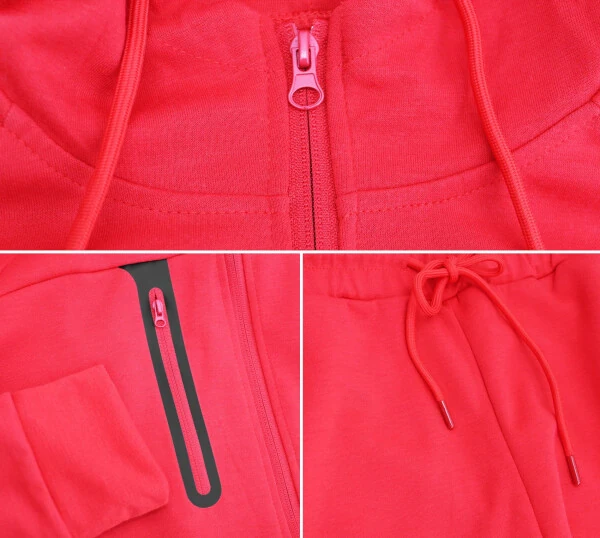 Men's Athletic Gym Sport Casual Running Jogging Sweat Hooded Tracksuit Set (Red, L)- - VKWEAR (1)