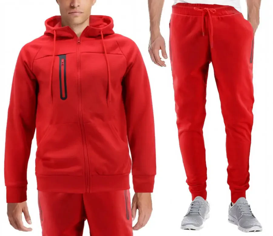Men's Athletic Gym Sport Casual Running Jogging Sweat Hooded Tracksuit Set (Red, L) - 1