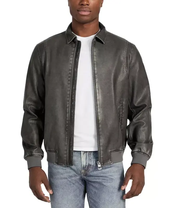 Men's Aviator Relaxed-Fit Faux-Leather Bomber Jacket - Pearl/black Combo - 2