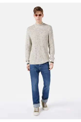 Regular Fit Turtle Neck Jakarlı Erkek Taş Kazak - TAŞ - 3