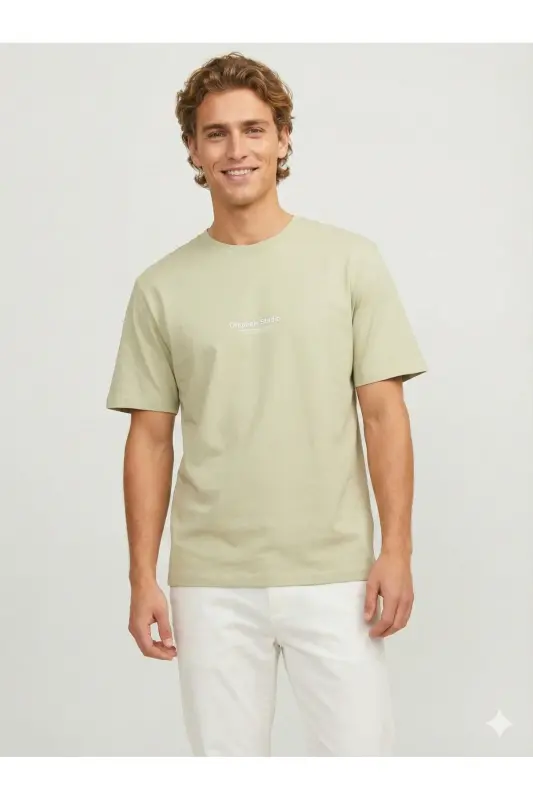 Erkek Basic Baskılı Düz Renk Rahat Kalıp Premium Günlük Tişört-Aqua Green - 3