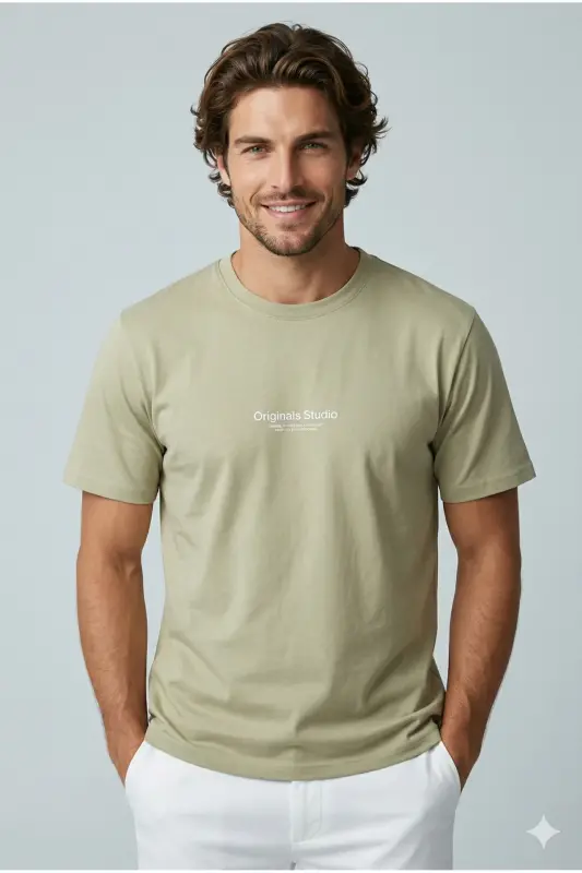 Erkek Basic Baskılı Düz Renk Rahat Kalıp Premium Günlük Tişört - Aqua Green - JACK & JONES