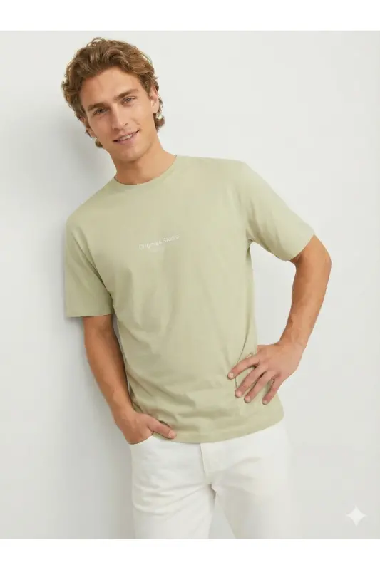 Erkek Basic Baskılı Düz Renk Rahat Kalıp Premium Günlük Tişört-Aqua Green - JACK & JONES
