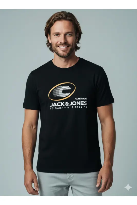 Erkek Basic Baskılı Düz Renk Rahat Kalıp Premium Günlük Tişört-Black - JACK & JONES