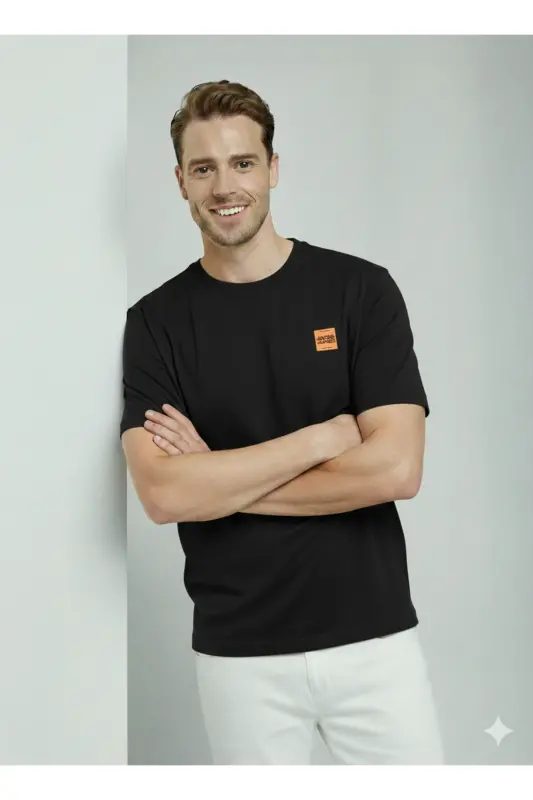 Erkek Basic Baskılı Düz Renk Rahat Kalıp Premium Günlük Tişört-Black - 1