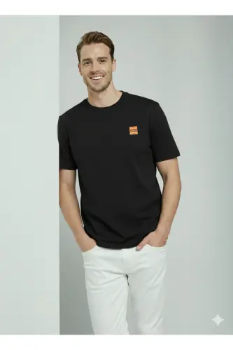 Erkek Basic Baskılı Düz Renk Rahat Kalıp Premium Günlük Tişört-Black - 3