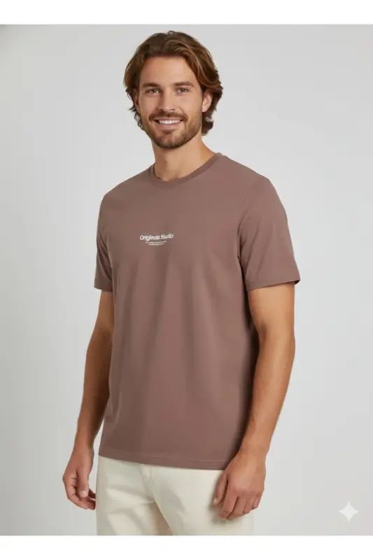 Erkek Basic Baskılı Düz Renk Rahat Kalıp Premium Günlük Tişört-Deep Taupe - JACK & JONES