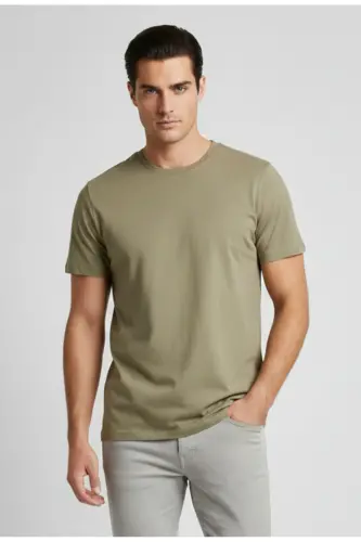 Erkek Basic Baskılı Düz Renk Rahat Kalıp Premium Günlük Tişört - Light Green-Coriander 