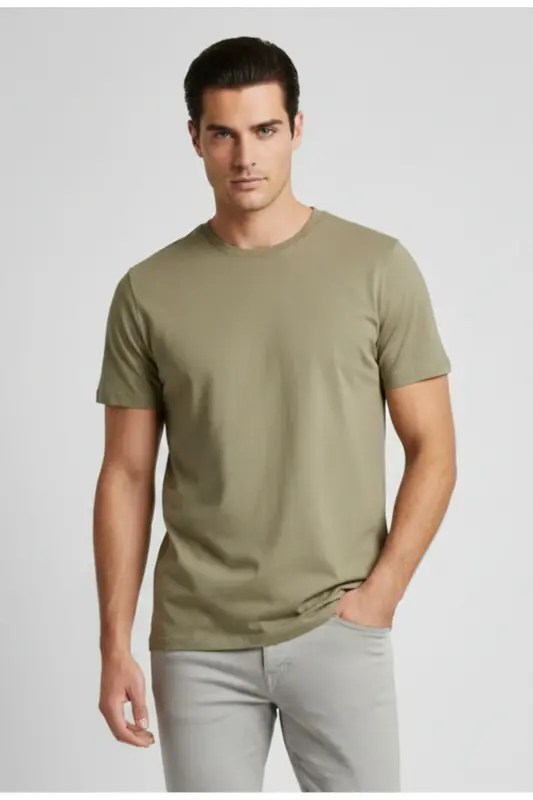 Erkek Basic Baskılı Düz Renk Rahat Kalıp Premium Günlük Tişört - Light Green-Coriander - 1