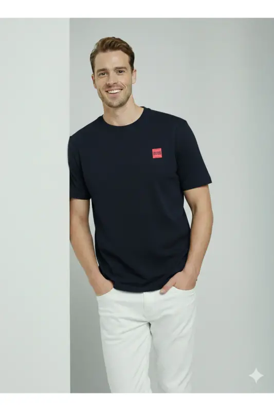 Erkek Basic Baskılı Düz Renk Rahat Kalıp Premium Günlük Tişört-Sky Captain - JACK & JONES