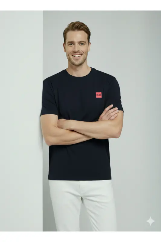 Erkek Basic Baskılı Düz Renk Rahat Kalıp Premium Günlük Tişört-Sky Captain - 3