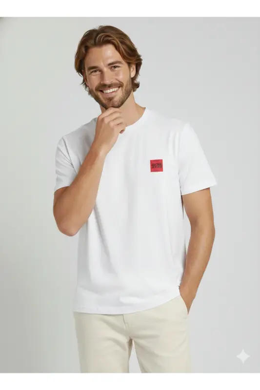 Erkek Basic Baskılı Düz Renk Rahat Kalıp Premium Günlük Tişört-White - 1