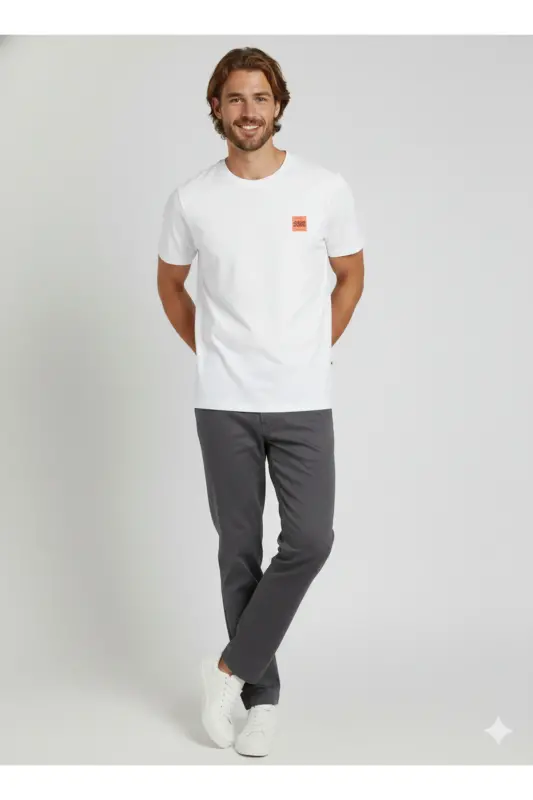 Erkek Basic Baskılı Düz Renk Rahat Kalıp Premium Günlük Tişört-White - 4