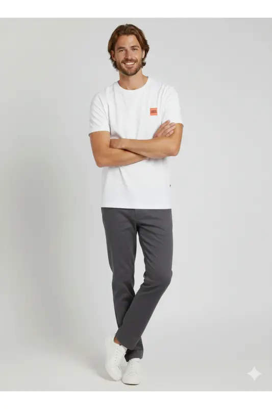 Erkek Basic Baskılı Düz Renk Rahat Kalıp Premium Günlük Tişört-White - 5