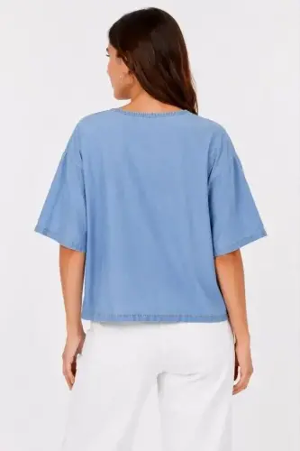 Erkek Baskılı T-Shirt Kısa Kol Bisiklet Yaka Rahat Kalıp Tişört - Mavi - BÜYÜKBEDENIZ (1)