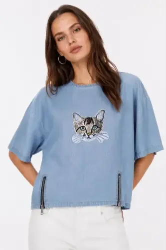 Erkek Baskılı T-Shirt Kısa Kol Bisiklet Yaka Rahat Kalıp Tişört - Mavi - 1