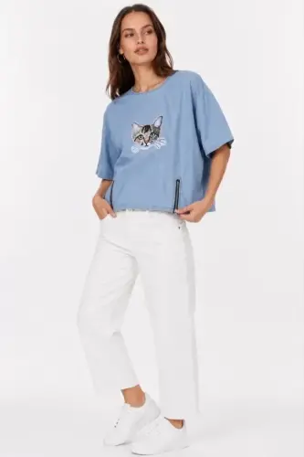 Erkek Baskılı T-Shirt Kısa Kol Bisiklet Yaka Rahat Kalıp Tişört - Mavi - 3