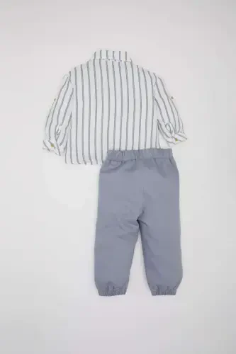 Erkek Bebek 2'li Takım Çizgili Gömlek Beli Paçası Lastikli Alt E2293A525SP-Ekru - 5