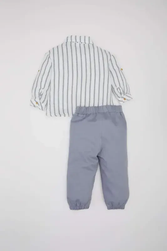Erkek Bebek 2'li Takım Çizgili Gömlek Beli Paçası Lastikli Alt E2293A525SP-Ekru - 5