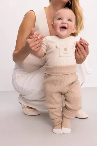 Erkek Bebek 3'lü Takım Fitilli Kaşkorse Çıtçıtlı Kısa Kollu Body Alt Fular-Bej Melanj - DEFACTO (1)