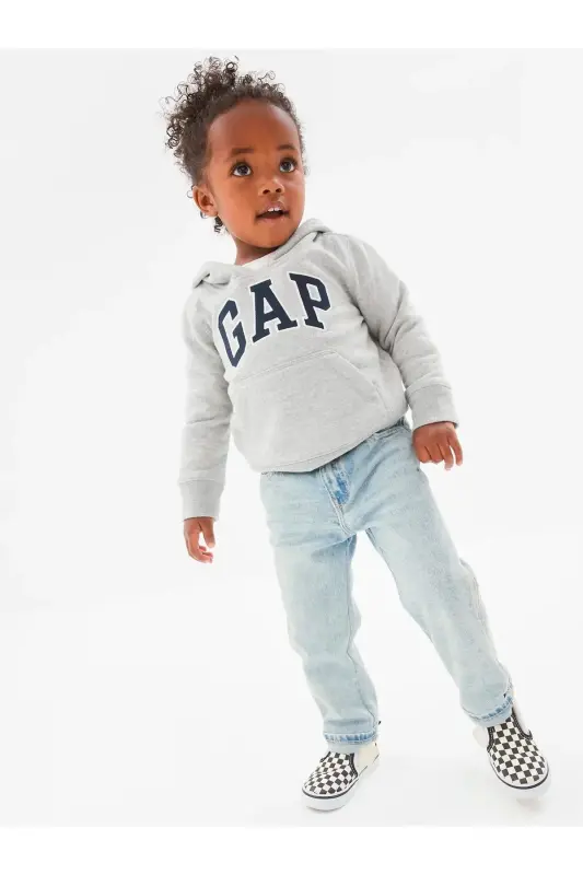 Erkek Bebek Açık Gri Logo Kapüşonlu Sweatshirt - Gri-001 - 1