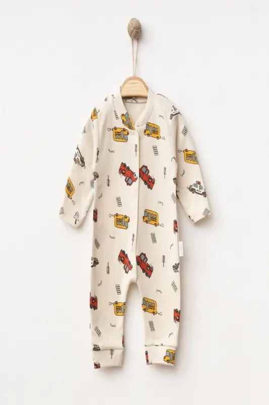 Erkek Bebek Araba Baskılı Çıtçıtlı Yenidoğan Bebek Tulumu %100 Pamuk Esnek 1-3-6 Aylık-Ekru Araba - 3