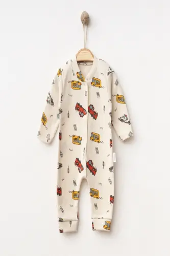 Erkek Bebek Araba Baskılı Çıtçıtlı Yenidoğan Bebek Tulumu %100 Pamuk Esnek 1-3-6 Aylık-Ekru Araba - 3