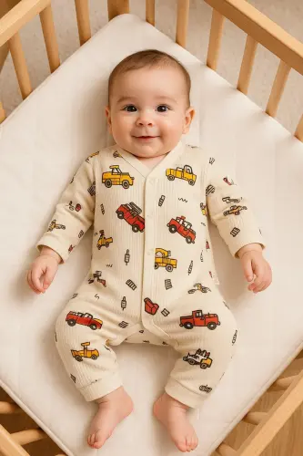Erkek Bebek Araba Baskılı Çıtçıtlı Yenidoğan Bebek Tulumu %100 Pamuk Esnek 1-3-6 Aylık-Ekru Araba - 1