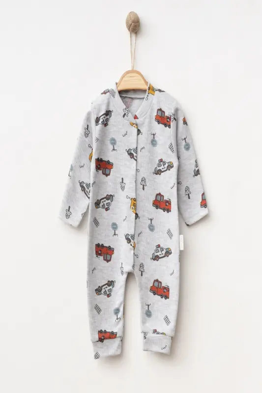 Erkek Bebek Araba Baskılı Çıtçıtlı Yenidoğan Bebek Tulumu %100 Pamuk Esnek 1-3-6 Aylık-Gri Araba - 3