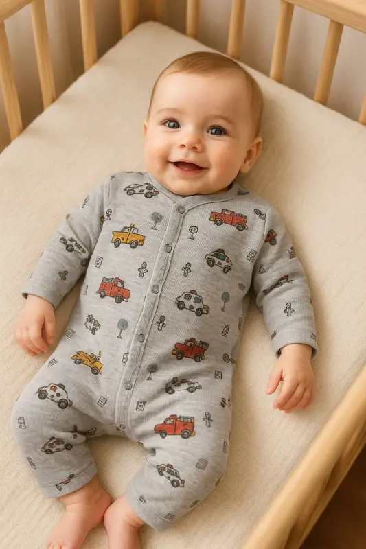 Erkek Bebek Araba Baskılı Çıtçıtlı Yenidoğan Bebek Tulumu %100 Pamuk Esnek 1-3-6 Aylık-Gri Araba - DINAMIK ÇOCUK