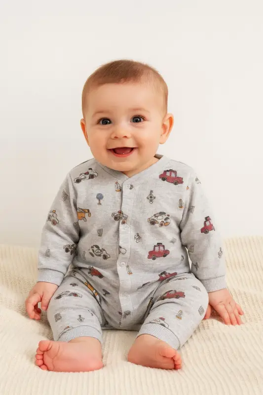 Erkek Bebek Araba Baskılı Çıtçıtlı Yenidoğan Bebek Tulumu %100 Pamuk Esnek 1-3-6 Aylık-Gri Araba - 2