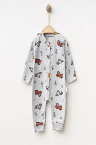 Erkek Bebek Araba Baskılı Çıtçıtlı Yenidoğan Bebek Tulumu %100 Pamuk Esnek 1-3-6 Aylık-Gri Araba - 3