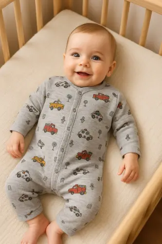 Erkek Bebek Araba Baskılı Çıtçıtlı Yenidoğan Bebek Tulumu %100 Pamuk Esnek 1-3-6 Aylık-Gri Araba - 1