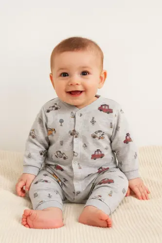 Erkek Bebek Araba Baskılı Çıtçıtlı Yenidoğan Bebek Tulumu %100 Pamuk Esnek 1-3-6 Aylık-Gri Araba - 2