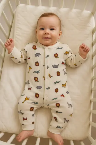 Erkek Bebek Aslan Zürafa Baskılı Çıtçıtlı Yenidoğan Bebek Tulumu %100 Pamuk Esnek 1-3-6 Aylık-EKRU ASLAN ZEBRA - 2