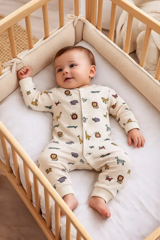 Erkek Bebek Aslan Zürafa Baskılı Çıtçıtlı Yenidoğan Bebek Tulumu %100 Pamuk Esnek 1-3-6 Aylık-EKRU ASLAN ZEBRA - 3