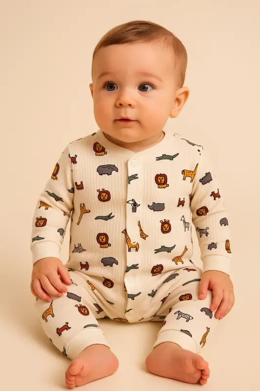 Erkek Bebek Aslan Zürafa Baskılı Çıtçıtlı Yenidoğan Bebek Tulumu %100 Pamuk Esnek 1-3-6 Aylık-EKRU ASLAN ZEBRA - DINAMIK ÇOCUK