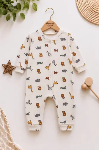 Erkek Kız Unısex Bebek Baskılı Çıtçıtlı Yenidoğan Tulumu %100 Pamuk Esnek 1-3-6aylık - EKRU ASLAN ZEBRA 