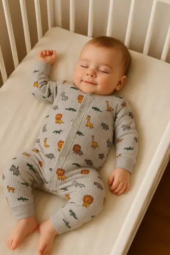 Erkek Bebek Aslan Zürafa Baskılı Çıtçıtlı Yenidoğan Bebek Tulumu %100 Pamuk Esnek 1-3-6 Aylık-Gri ASLAN ZEBRA 