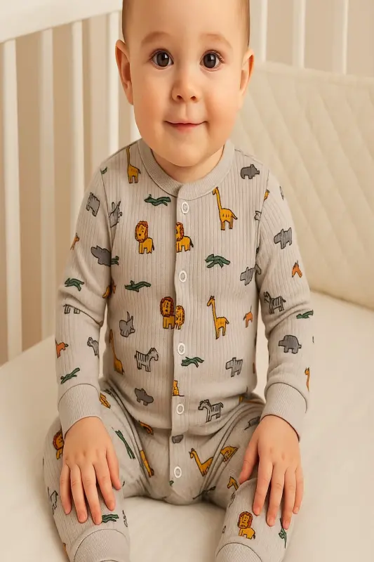 Erkek Bebek Aslan Zürafa Baskılı Çıtçıtlı Yenidoğan Bebek Tulumu %100 Pamuk Esnek 1-3-6 Aylık-Gri ASLAN ZEBRA - 2