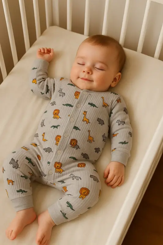 Erkek Bebek Aslan Zürafa Baskılı Çıtçıtlı Yenidoğan Bebek Tulumu %100 Pamuk Esnek 1-3-6 Aylık-Gri ASLAN ZEBRA - DINAMIK ÇOCUK