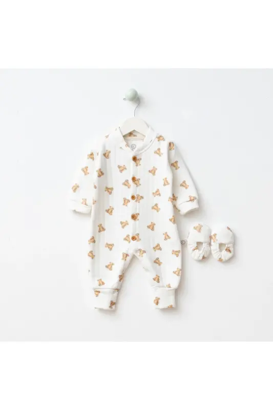 Erkek Bebek Ayıcık Desenli Şapkalı Tulum-Bej - LIMEBABIES