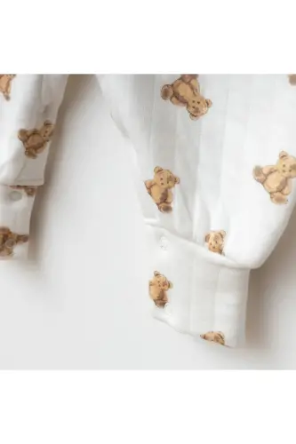 Erkek Bebek Ayıcık Desenli Şapkalı Tulum-Bej - 3