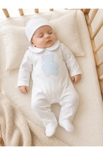 Erkek Bebek Ayıcık işlemeli %100 Pamuk Şapkalı Tulum Seti - Beyaz-mavi - 5