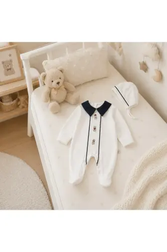 Erkek Bebek Ayıcık işlemeli %100 Pamuk Şapkalı Tulum Seti - Lacivert-ayı - LIMEBABIES (1)