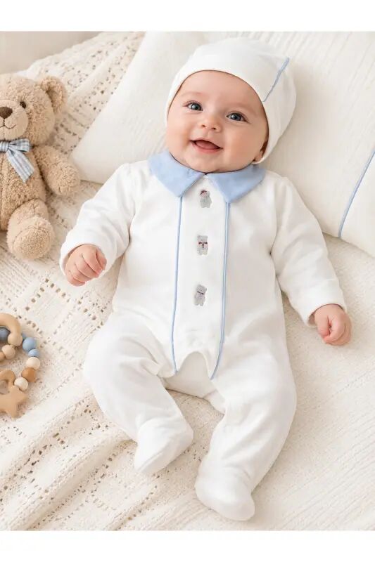 Erkek Bebek Ayıcık işlemeli %100 Pamuk Şapkalı Tulum Seti - Maviayı - limebabies