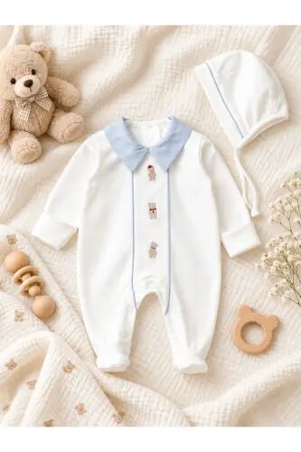 Erkek Bebek Ayıcık işlemeli %100 Pamuk Şapkalı Tulum Seti - Maviayı - limebabies (1)